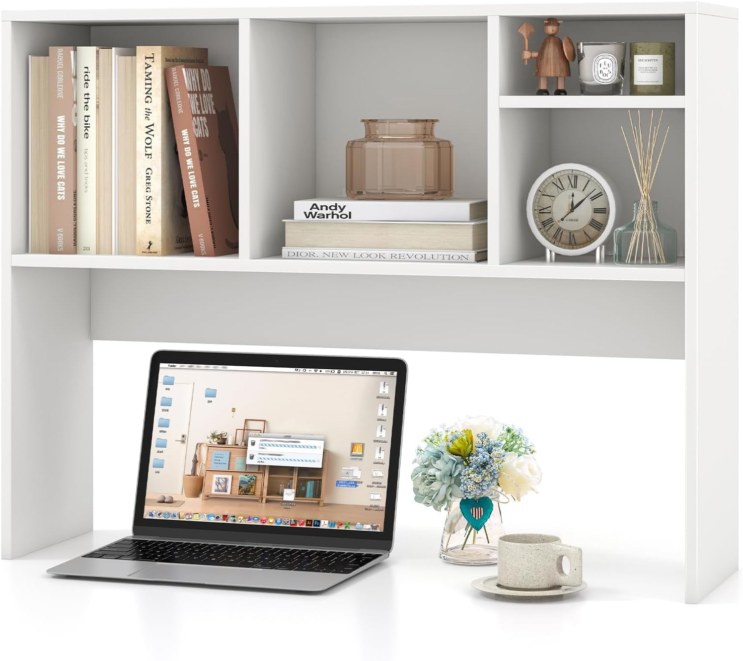 2 Tier Desktop Bookshelf HUATOL 2-Tier Desk Hutch - 37.4x35.9x9.44 Inch ...