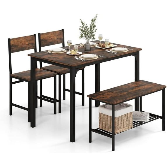 LDAILY Dining Table Set for 4, Kitchen Table with Bench and Chairs, Smooth Foot Pads, Space Saving Modern Wooden Table and Chairs Set of 4 for Dining Room, Apartment, Living Room (Teak)