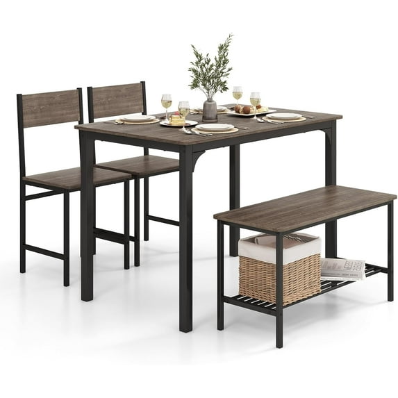 LDAILY Dining Table Set for 4, Kitchen Table with Bench and Chairs, Smooth Foot Pads, Space Saving Modern Wooden Table and Chairs Set of 4 for Dining Room, Apartment, Living Room (Grey)