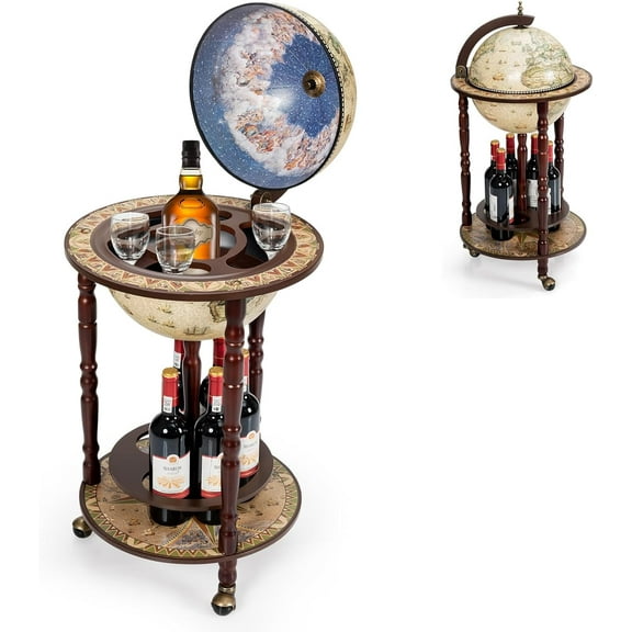 LDAILY Globe Bar, 17.5 Wood Antique Wine Bar Stand with Wheels, Bottom Shelf & Old World Map, 16 Century Italian Replica Globe Bar Liquor Cabinet, Large Capacity Bar Cart for Home, Restaurant