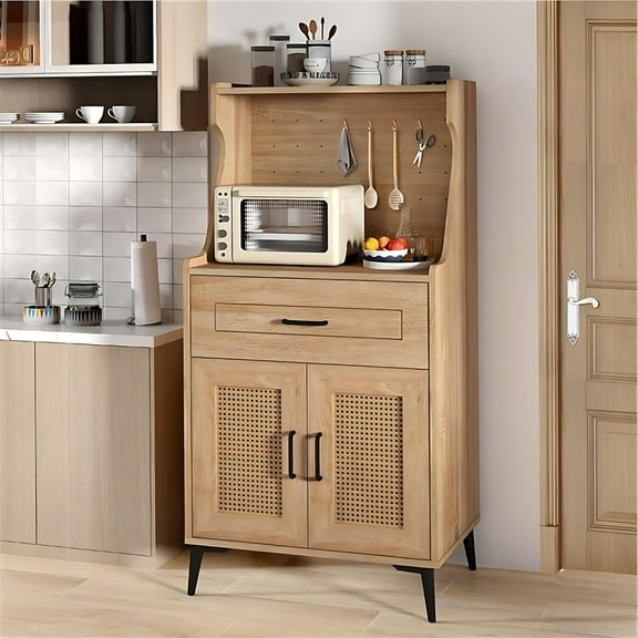 LDAILY Kitchen Pantry Cabinet, Rattan Buffet Cabinet with Hutch, DIY Pegboard, Adjustable Shelf, Drawer, Farmhouse Sideboard Buffet Cabinet with Storage for Coffee Bar, Natural Oak