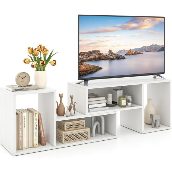 LDAILY L-Shaped TV Stand, TV Entertainment Center with 4 Storage Cubes & Rotating Shelves, Wood Bookcase for TVs up to 55 Inch, Sturdy Free-Combination Console Table for Living Room, Bedroom (White)