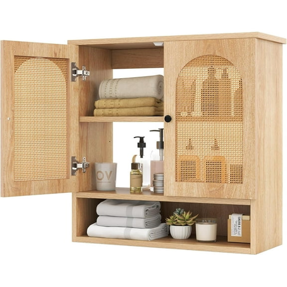 LDAILY Medicine Cabinet, Wall Mounted Rattan Bathroom Storage Over Toilet with 2 Doors & Adjustable Shelves, Space-Saving Rattan Bathroom Cabinet for Laundry Room, Kitchen, Living Room