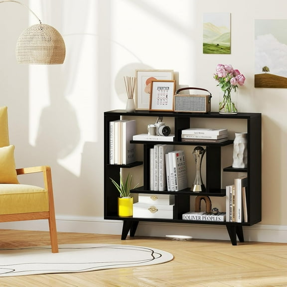 Hanyu 3-Tier Geometric Bookshelf with Staggered Shelves, Black