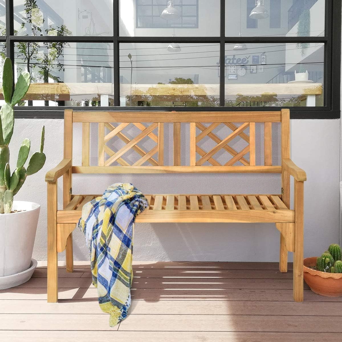 LDAILY Moccha 4 Ft Outdoor Patio Foldable Bench, Two Person Solid Wood ...
