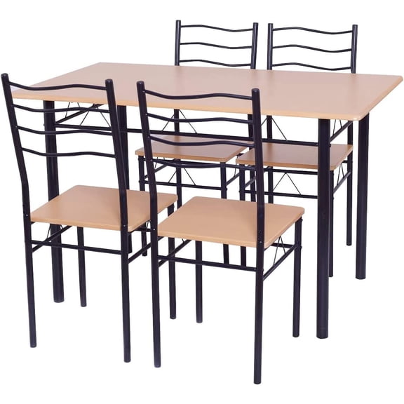 LDAILY Moccha 5-Piece Dining Table Set with 4 Chairs, Metal Frame & Wood Rectangular Table & Chair Sets, Kitchen Dining Room Table Furniture Set (Beech Wood)