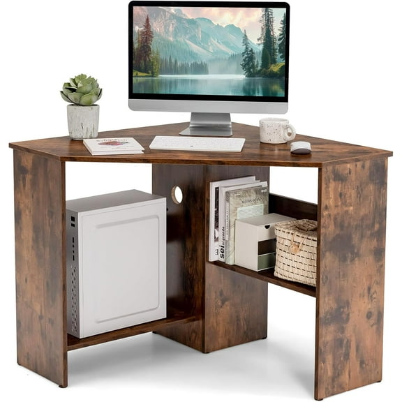 LDAILY Moccha Corner Desk, Space-Saving Triangle Computer Desk with Storage Shelves and Cable Holes, Multi-Functional Makeup Vanity Table for Bedroom, Writing Desk for Small Spaces Office Bedroom