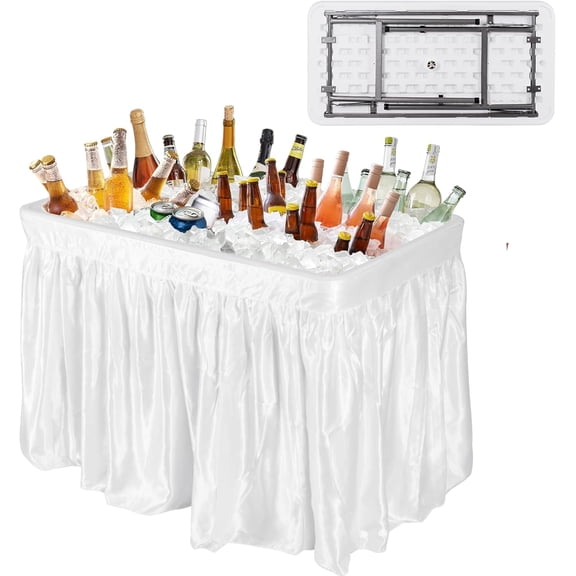 LDAILY Moccha Folding Ice Cooler Table with Matching Skirt, Drain & Bucket, Foldable Buffet Cooler Server, Fill and Chill Table for Food Drink Beverage, Portable Party Ice Bin for Camping BBQ, White