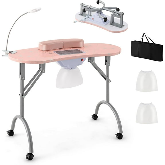 LDAILY Moccha Manicure Nail Table, Portable Nail Desk for Nail Tech w/Electric Dust Collector, Wrist Rest, USB-Plug LED Lamp, 4 Lockable Wheels, Carry Bag, Nail Desk for Home Spa Beauty Salon (Pink)