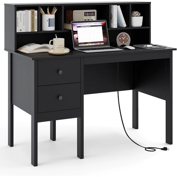 Hanyu Modern Home Office Desk with Hutch, Office Desk with USB Charging Ports and Power Outlets, Computer Desk with 5 Storage Cubbies and 2 Drawers, Writing Study Desk for Bedroom (Black)