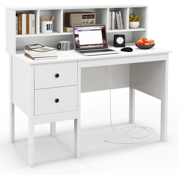 Hanyu Modern Home Office Desk with Hutch, Office Desk with USB Charging Ports and Power Outlets, Computer Desk with 5 Storage Cubbies and 2 Drawers, Writing Study Desk for Bedroom (White)