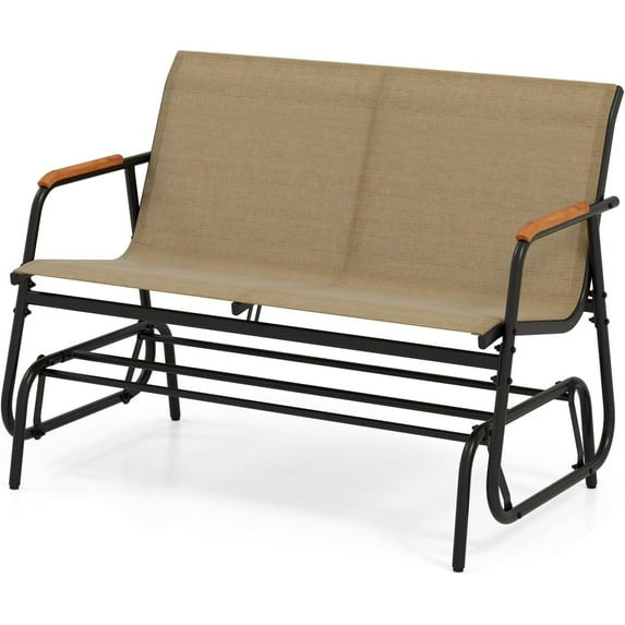 LDAILY Outdoor Glider, 2/3-Person Gliding Bench with Heavy-Duty Metal Frame & Teak Wood Armrests, Breathable Quick-Dry Fabric, 42.5" L x 45" W x 33" H Patio Glider for Poolside, Garden (29”x45”x33”)