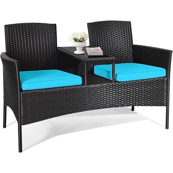LDAILY Patio Conversation Set, Modern Rattan Loveseat, Outdoor Furniture Set with Removable Cushions & Table, Patio Wicker Sofa Set, Tempered Glass Top, Ideal for Garden Lawn Backyard