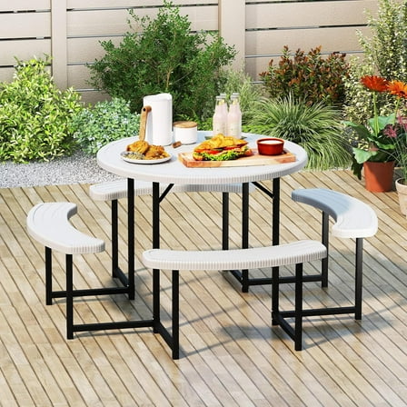 LDAILY Picnic Tables with Benches, Round Picnic Dining Table with 1520 lbs Capacity Metal Frame, HDPE Tabletop & Umbrella Hole, 8-Person Plastic Picnic Tables for Outdoors, Patio, Lawn, Yard (White)