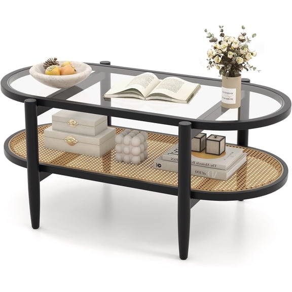 Hanyu Rattan Coffee Table, 2-Tier Mid Century Modern Center Table Oval Design with Tempered Glass Top & PE Rattan Shelf, Solid Acacia Wood Small Coffee Table for Living Room, Office, Brown (Dark)