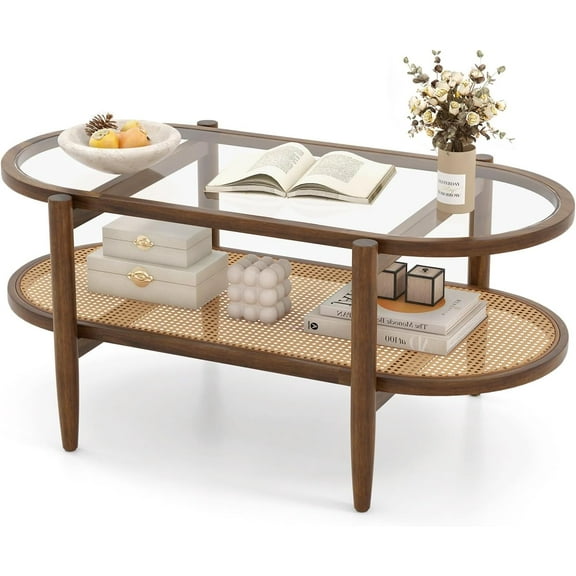 Hanyu Rattan Coffee Table, 2-Tier Mid Century Modern Center Table Oval Design with Tempered Glass Top & PE Rattan Shelf, Solid Acacia Wood Small Coffee Table for Living Room, Office, Brown (Brown)