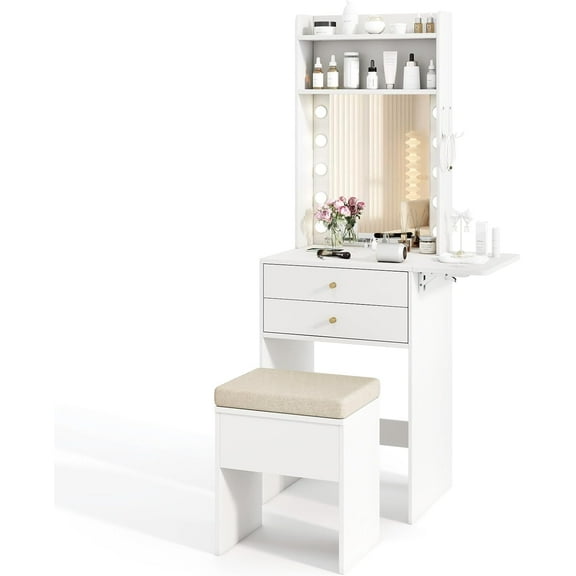 LDAILY Small Vanity Desk with Mirror and Lights, Modern Slim 3 in 1 Vanity Desk with Charging Station and Foldable Side Table, Compact Vanity with Hidden Chair and 2 Drawers for Bedroom (White)