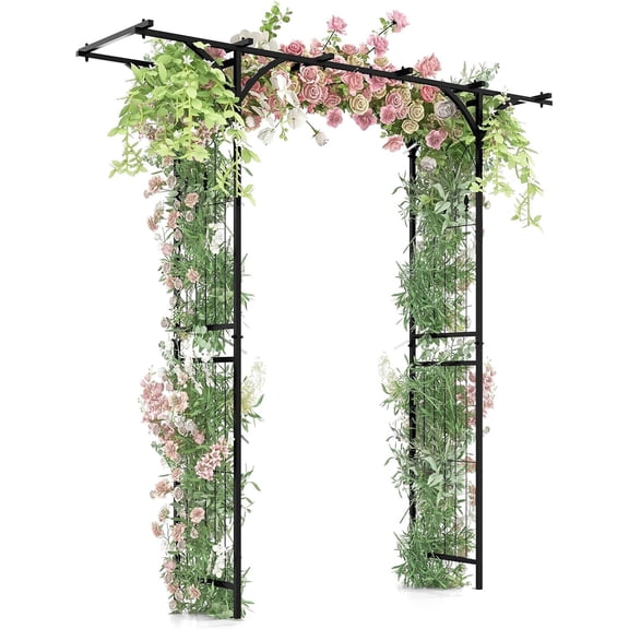 LDAILY Wedding Arch, 6.8FT Rustproof Metal Garden Arbor with Extended Roof & 4 Stakes, Outdoor Support for Vines Roses, Decorative Trellis for Climbing Outdoor for Lawn Wedding Ceremony