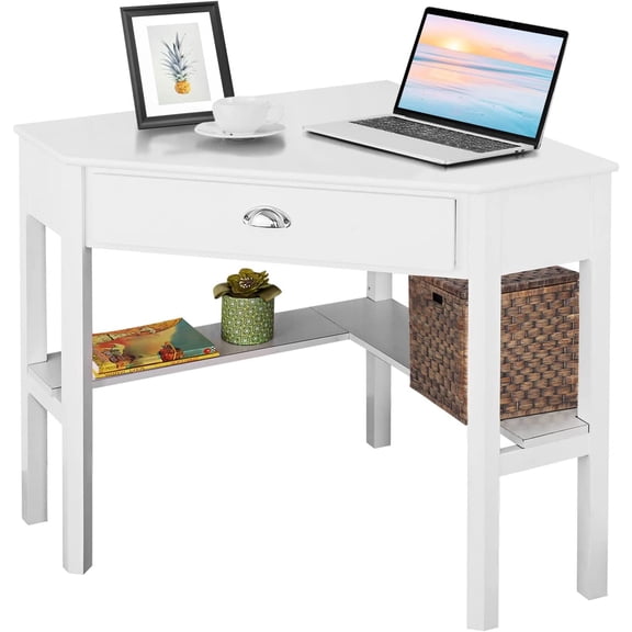 LDAILY White Corner Desk, Triangle Makeup Vanity Desk for Small Space, Compact Writing Desk with Storage Shelves & Drawer, Space Saving Corner Computer Desk for Bedroom, Home Office