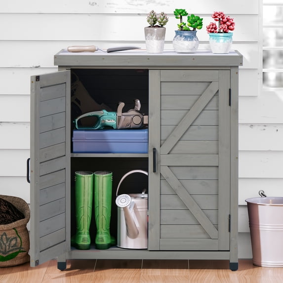 LDB_BUILDING 31.5in. W x 36in. H Outdoor Storage Cabinet & Potting Bench Table with Metal Top, Wooden Patio Furniture, Garden Workstation