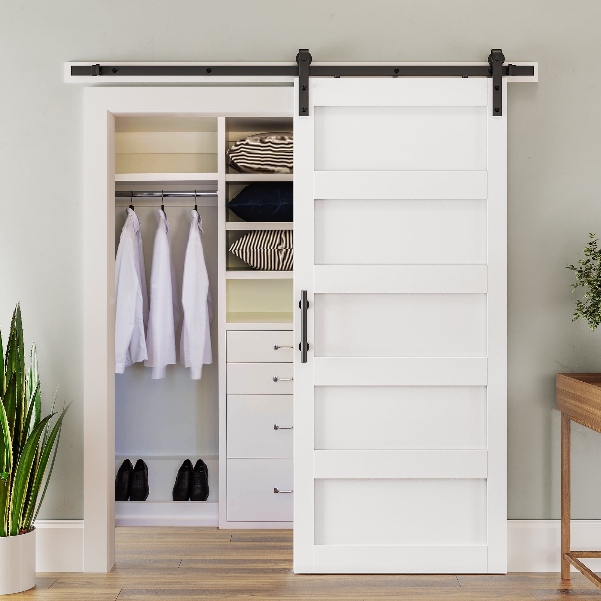 LDB_BUILDING 34in. W x 84in. H White Sliding MDF Barn Door with Black Sliding Door Hardware Kit & Handle, Pre-Drilled Ready to Assemble, Waterproof PVC Surface, 5-Panel