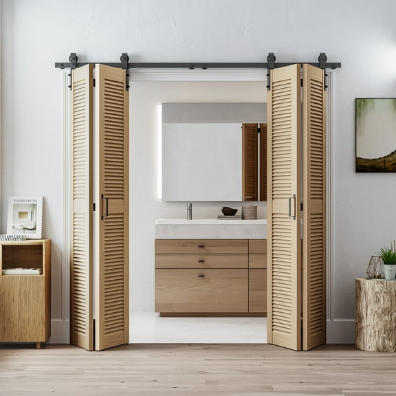 LDB_BUILDING 4.3FT/52" Bi-Folding Sliding Barn Door Hardware Kit for 4 Doors,J Shape Roller(Doors not Included)