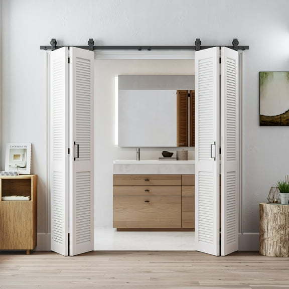 LDB_BUILDING 5.3FT/64" Bi-Folding Sliding Barn Door Hardware Kit for 4 Doors,T Shape Roller(Doors not Included)