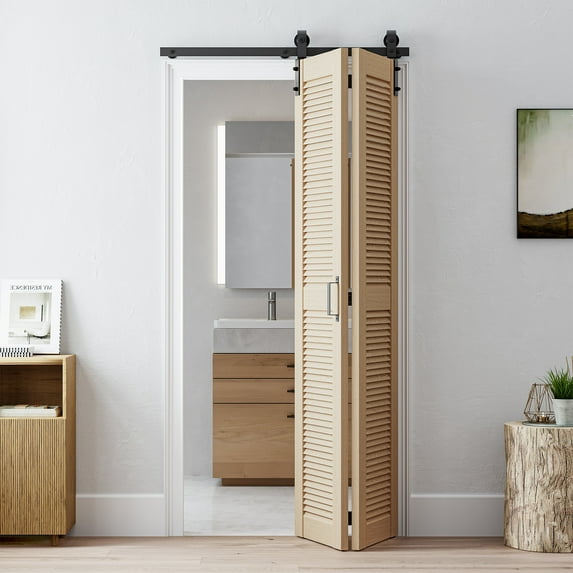 LDB_BUILDING 5FT/60" Bi-Folding Sliding Barn Door Hardware Kit for 2 Doors,J Shape Roller(Doors not Included)