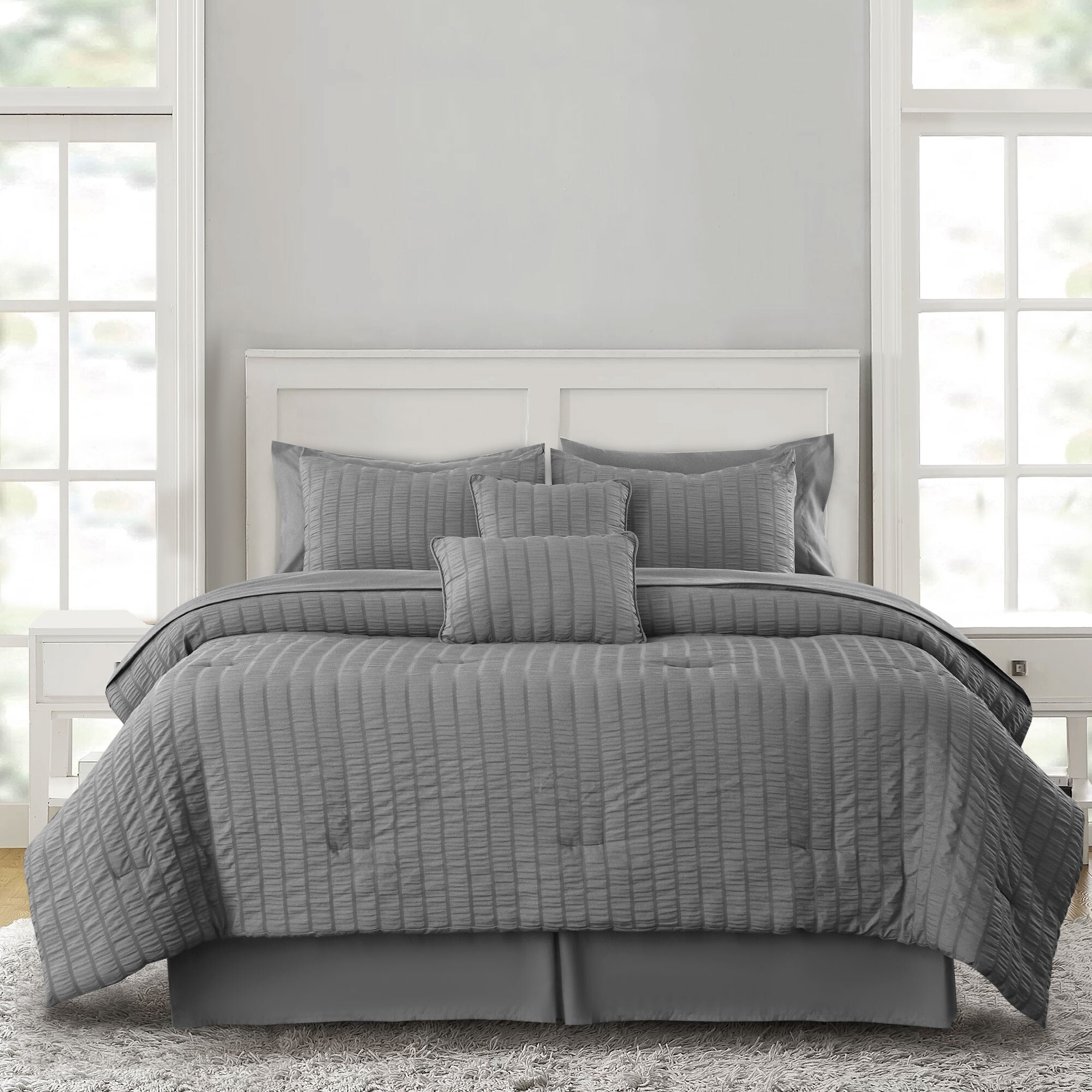 LDC Lux Decor Collection 10 Pieces Bed in a Bag All Season Comforter Set Seersucker Bedding Grey - Queen