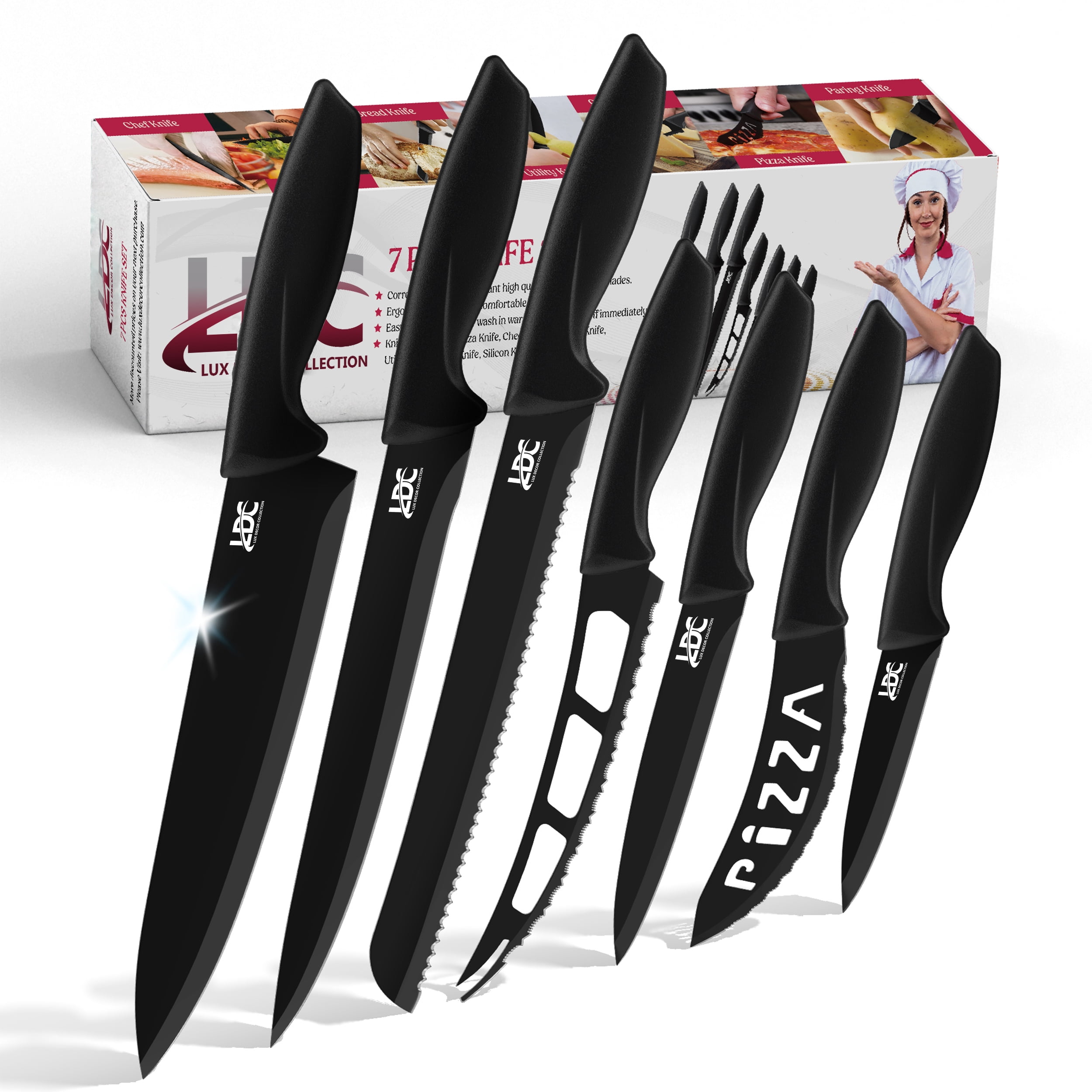 Lux Decor 7-Piece Kitchen Knife Set – Ultra Sharp High Carbon Stainless Steel Chef Knives with Anti-Rust, Non-Stick Coating, Anti-Slip Ergonomic Handle, Dishwasher Safe – Perfect Kitchen Home Gifts