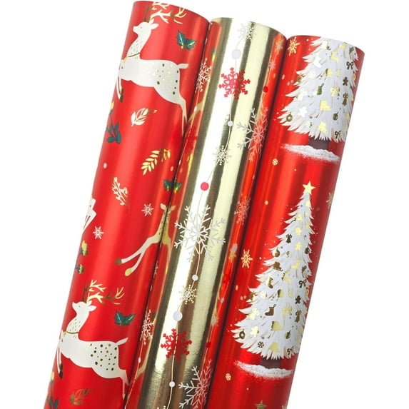 LDGOOAEL Mini Short Small Christmas Wrapping Paper Roll with Cut Lines on Reverse (17" X 120" Per Roll) - Navy Blue with Gold Foil Design for Holiday, Birthday