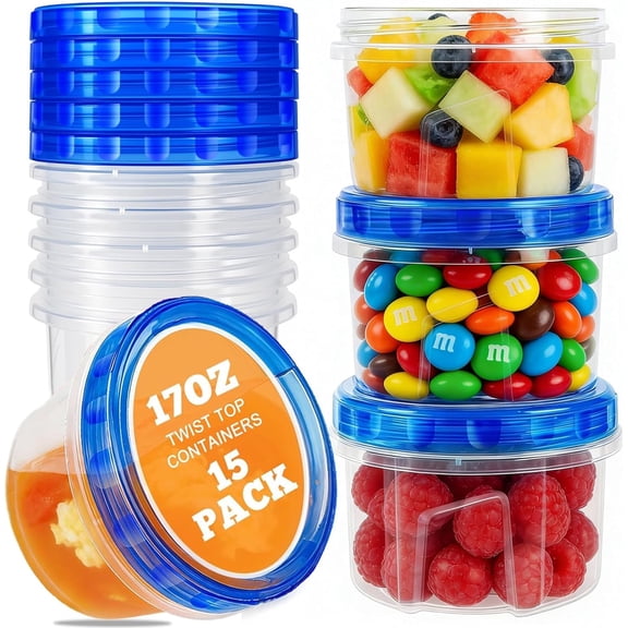 LDNIO 15 Pack- 17oz Reusable Freezer Storage Containers with Twist Top Lids – Airtight Plastic Food Storage Containers for Meal Prep, Leftovers, Pantry Organization