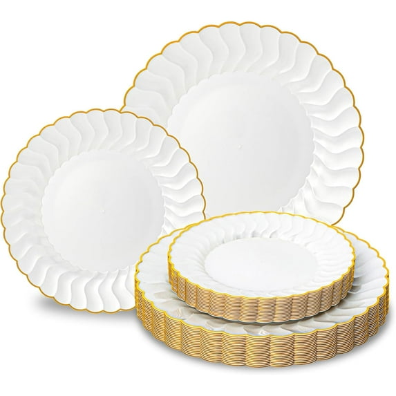 White Plastic Plates with Scalloped Gold Rim - Heavy Duty Reusable Dinnerware Set for Weddings & Parties