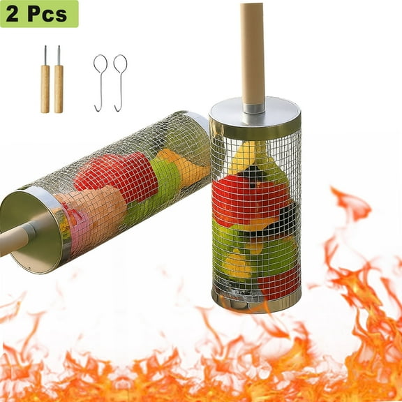 LDNIO 2 Pcs Rolling Grill Baskets with Removable Wooden Handles - 304 Stainless Steel BBQ Baskets for Veggies Shrimp, Barbecue Gift for Outdoor Cooking Camping