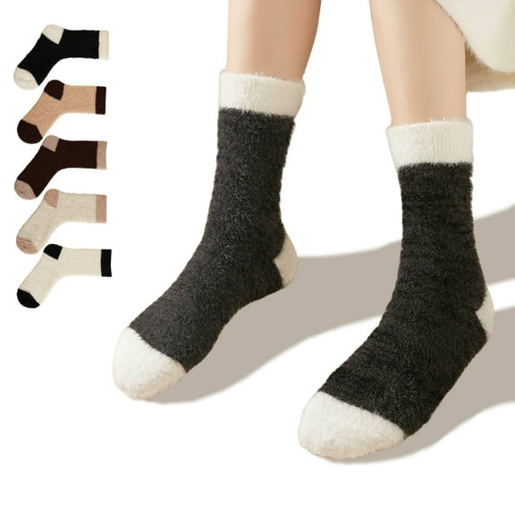 LDU Women's Thermal Crew Socks, Colorblock Plush Fleece Lined Mid Calf Socks for Casual Wear, 6 Pairs
