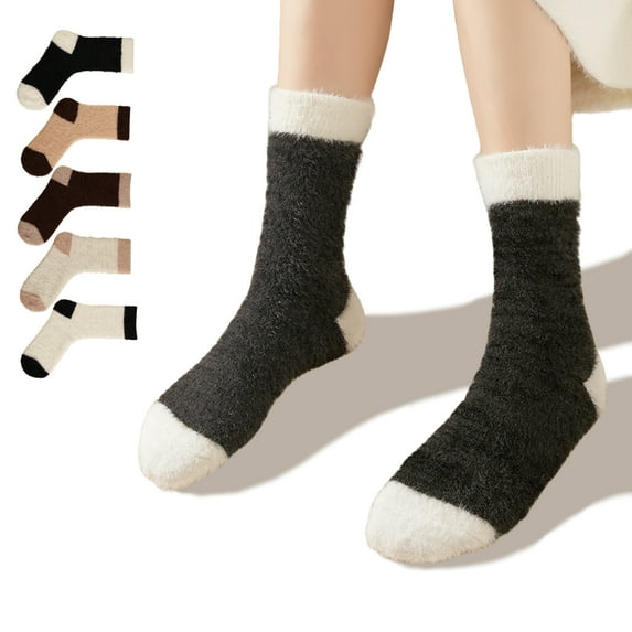 LDU Women's Thermal Crew Socks, Colorblock Plush Fleece Lined Mid Calf Socks for Casual Wear, 6 Pairs