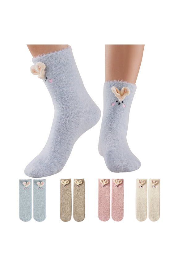 Women's Thermal Crew Socks, Heavyweight Plush Lined with Kawaii Bunny Design for Winter, 6 Pairs
