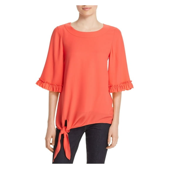 LE GALI Womens Red Ruffled Tie Front Kimono Sleeve Jewel Neck Top XS