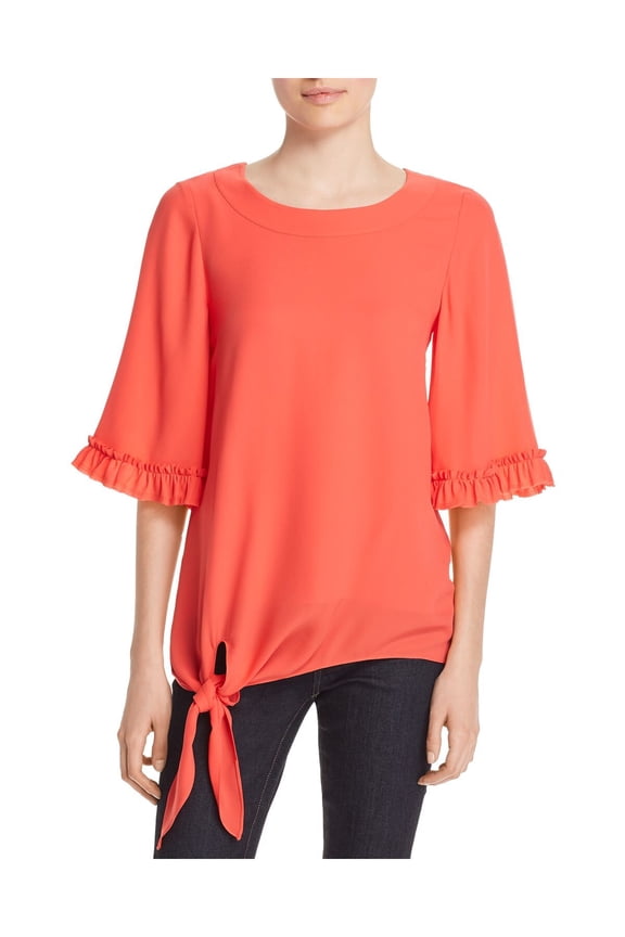 Womens Red Ruffled Tie Front Kimono Sleeve Jewel Neck Top XS