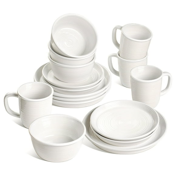LE TAUCI 16 Piece White Ceramic Dinnerware Set with Plates, Bowls & Mugs, Microwave & Dishwasher Safe, Service for 4