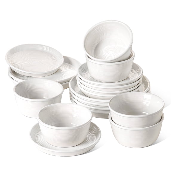 LE TAUCI 18-Piece Dinnerware Set, Ceramic Plates and Bowls Set for 6, Stoneware Dishes Set for Family, Microwave & Dishwasher Safe -White Dinner Set