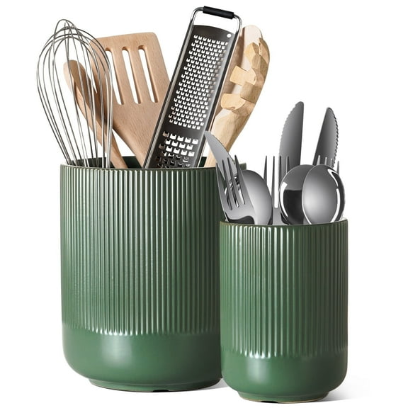 LE TAUCI Set of 2 Ceramic Utensil Holders, Large and Small Kitchen Crocks for Cooking Utensils, Countertop Organizer & Decorative Vase, Forest Green Utensil Holder
