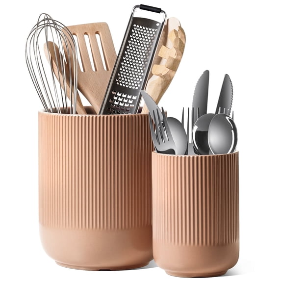 LE TAUCI 2-Pack Ceramic Utensil Holders, 7.3"+5.4" Kitchen Countertop Crocks for Spatulas, Spoons, Ladles, Forks, Multifunctional Storage Jars, Terracotta Pink Utensil Holder