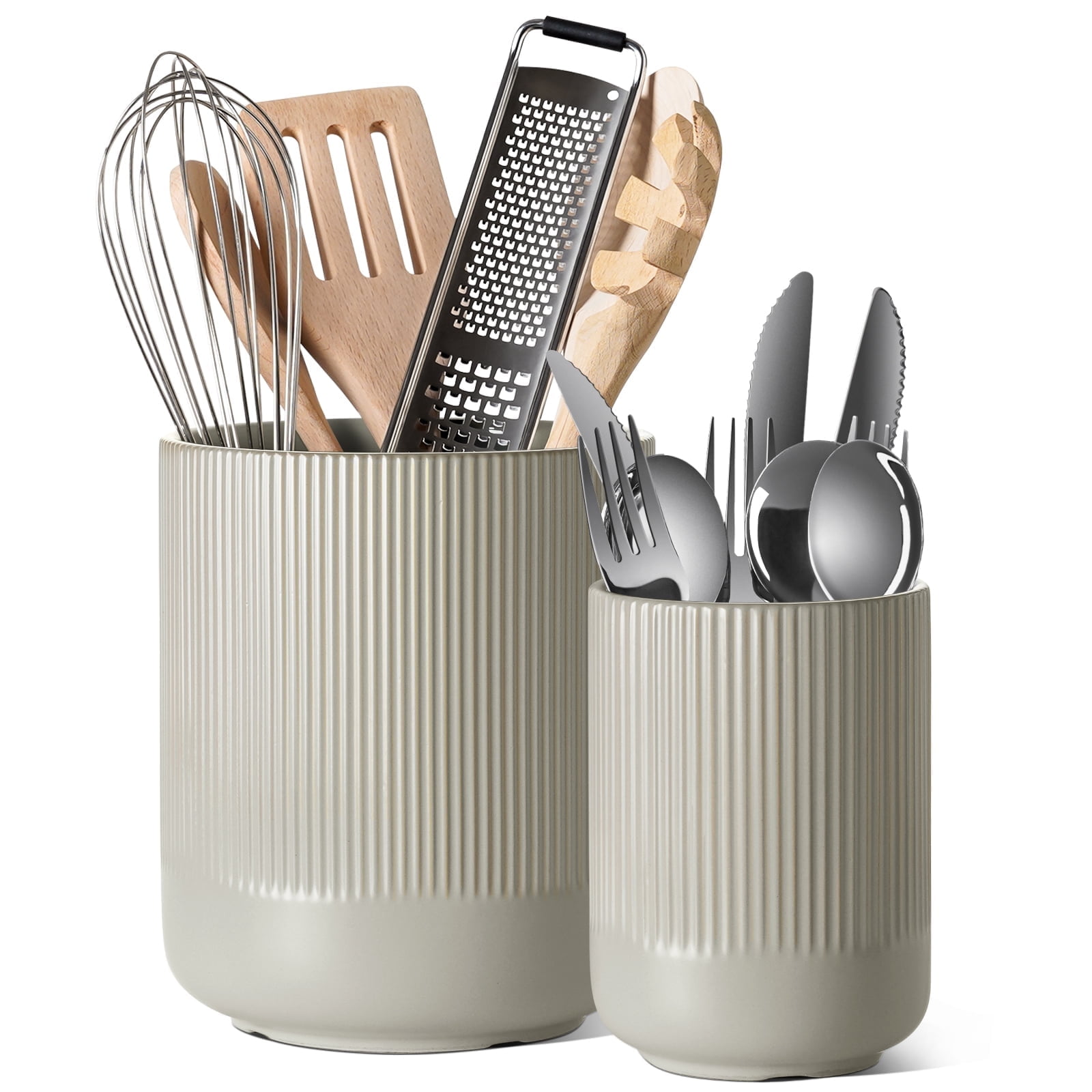 LE TAUCI Set of 2 Utensil Holder, 7.3"+5.4" Ceramic Crocks for Kitchen, Cooking Organizer & Plant Pots, Oatmeal Gray Kitchen Organizer