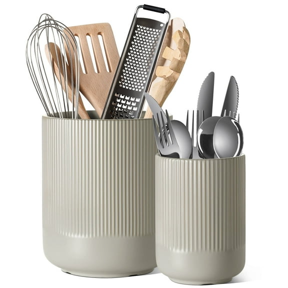 LE TAUCI Set of 2 Utensil Holder, 7.3"+5.4" Ceramic Crocks for Kitchen, Cooking Organizer & Plant Pots, Oatmeal Gray Kitchen Organizer