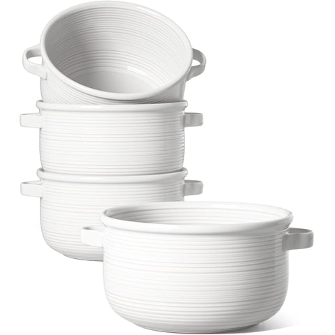 LE TAUCI 28 OZ Ceramic Soup Bowls with Handles, French Onion Soup Bowls for Soup,Stackable Serving Bowls, Oven Microwave Dishwasher Safe, Set of 4, White