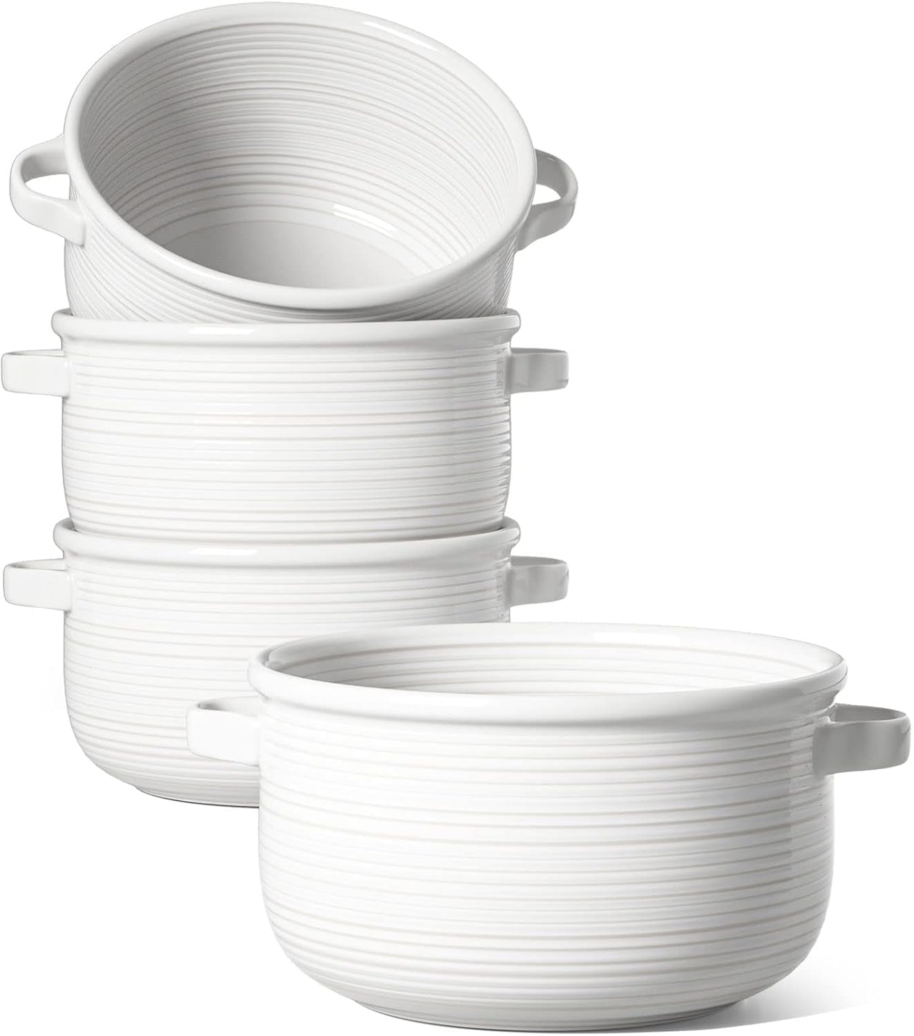 LE TAUCI 28 OZ Ceramic Soup Bowls with Handles, French Onion Soup Bowls for Soup,Stackable Serving Bowls, Oven Microwave Dishwasher Safe, Set of 4, White