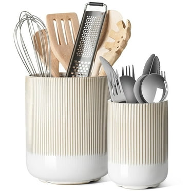 LE TAUCI 7.3" 5.4" Ceramic Utensil Holders, 2-Pack Kitchen Utensil Crock for Countertop & Kitchen Counter, Reactive Glaze Arctic White
