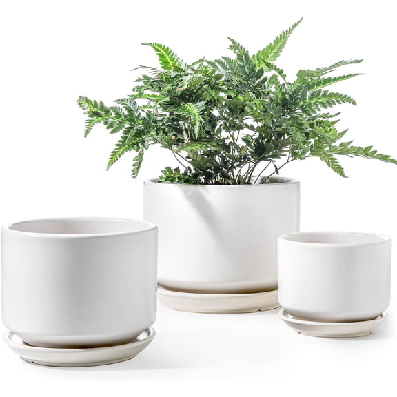LE TAUCI Ceramic Pots for Plants, 4.3+5.3+6.8 Inch Plant Pots, Set of 3, Planters with Drainage Hole and Saucer, Indoor Flower Pot Mesh Pad, Gifts Mom, White