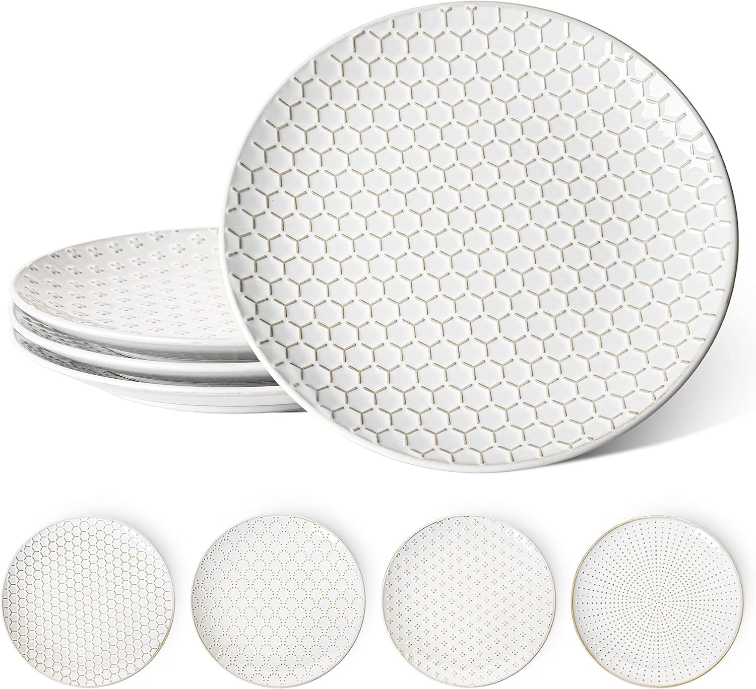 LE TAUCI Dinner Plates Set of 4, 10 Inch Ceramic Embossed Serving Dish Sets, Microwave, Oven, and Dishwasher Safe, Arctic white
